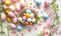 Pastel easter egg arrangement with nest blossoming branches and decorative candy on a white background a festive springtime Royalty Free Stock Photo