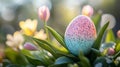Pastel Easter Egg Among Pink and Yellow Tulips Royalty Free Stock Photo