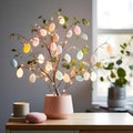 Pastel Easter Egg Tree Decor: Festive Springtime Decoration with Delicate Lights and Colorful Eggs Royalty Free Stock Photo