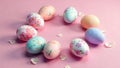 Pastel easter eggs arranged in a circular pattern with delicate floral designs and white blossoms on a pink background. Generative Royalty Free Stock Photo