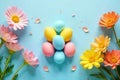 Pastel easter eggs arranged with vibrant spring flowers on a light blue background. Generative AI Royalty Free Stock Photo