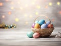 Pastel Easter Eggs in Basket with Warm Lights