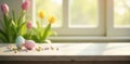 Pastel easter eggs and candy on a sunlit wooden surface with blurred tulips in the background. Generative AI Royalty Free Stock Photo