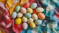Pastel Easter Eggs on a Colorful Plaid Blanket Royalty Free Stock Photo