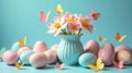 Pastel easter eggs and delicate flowers in a vase with flutterby butterflies. Generative AI Royalty Free Stock Photo