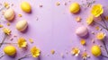 Pastel easter eggs and delicate yellow flowers arranged on a lavender background. Generative AI Royalty Free Stock Photo