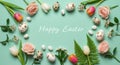 Pastel Easter Eggs and Flowers on Green Background Royalty Free Stock Photo