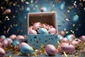 Pastel Easter Eggs in a Gift Box with Confetti Royalty Free Stock Photo