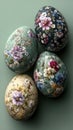 Pastel Easter eggs on light green background with floral patterns Royalty Free Stock Photo