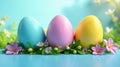 Pastel easter eggs nestled amongst spring blossoms on a vibrant blue surface. Generative AI Royalty Free Stock Photo
