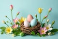 Pastel easter eggs nestled in a bird\'s nest surrounded by delicate spring blossoms and budding greenery on a tranquil blue Royalty Free Stock Photo
