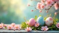 Pastel easter eggs nestled in spring blossoms on rustic wood. Generative AI Royalty Free Stock Photo