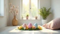 Pastel easter eggs nestled in spring blossoms on a sunny window sill. Generative AI Royalty Free Stock Photo