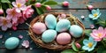 Pastel easter eggs nestled in a woven basket surrounded by delicate spring blossoms on a rustic wooden surface. Generative AI Royalty Free Stock Photo