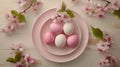 Pastel Easter Eggs on Pink Plate with Spring Blossoms Royalty Free Stock Photo
