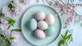 Pastel Easter Eggs on a Plate with Spring Blossoms Royalty Free Stock Photo