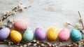 Pastel Easter Eggs with Pussy Willow Branches, greeting Easter card with copy space Royalty Free Stock Photo