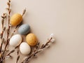 Pastel Easter Eggs with Pussy Willow Branches on Neutral Background Royalty Free Stock Photo