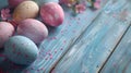 Pastel Easter Eggs on Rustic Blue Wooden Background Royalty Free Stock Photo