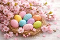 Pastel Easter Eggs In Rustic Nest Surrounded By Soft Pink Cherry Blossoms Royalty Free Stock Photo