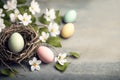 Pastel Easter eggs and spring apple blossoms decoration. Generative AI Royalty Free Stock Photo