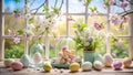 Pastel easter eggs and spring blossoms by a sunlit window. Generative AI Royalty Free Stock Photo