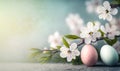 Pastel Easter eggs and spring blossoms. Vintage style picture. Generative AI Royalty Free Stock Photo