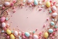 Pastel easter eggs and spring flowers frame on pink background Royalty Free Stock Photo