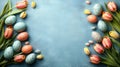 Pastel Easter eggs and tulips on a light blue background Royalty Free Stock Photo