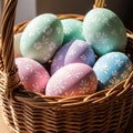 Pastel Easter Eggs in Wicker Basket with Floral Pattern Royalty Free Stock Photo