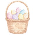 Pastel Easter Eggs in a Woven Basket Watercolor Illustration Royalty Free Stock Photo