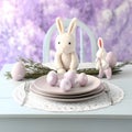 Pastel Easter Table Setting with Bunnies & Eggs Good Resolution Stock Photo Royalty Free Stock Photo