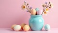 Pastel eggs and daisies in a light blue vase on a pink background. Generative AI Royalty Free Stock Photo
