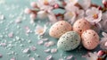 Pastel eggs, delicate lace, and dainty florals compose a refined spring background