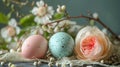 Pastel eggs, delicate lace, and dainty florals compose a refined spring background