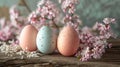 Pastel eggs, delicate lace, and dainty florals compose a refined spring background