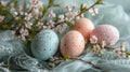 Pastel eggs, delicate lace, and dainty florals compose a refined spring background