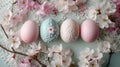 Pastel eggs, delicate lace, and dainty florals compose a refined spring background