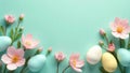 Pastel eggs and delicate spring blossoms on a mint green background, a festive springtime arrangement. Generative AI Royalty Free Stock Photo