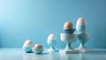 Pastel eggs in elegant ceramic holders on a light blue background. Generative AI Royalty Free Stock Photo