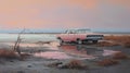 Pastel Expressionism: Old Pink Car In Front Of Lake