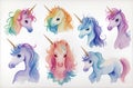 Pastel fantasy sky with bokeh and stars. Magic holographic galaxy, cute watercolor unicorns and rainbow elements