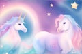 Pastel fantasy sky with bokeh and stars. Magic holographic galaxy, cute watercolor unicorns and rainbow elements