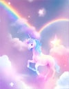 Pastel fantasy sky with bokeh and stars. Magic holographic galaxy, cute watercolor unicorns and rainbow elements