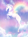 Pastel fantasy sky with bokeh and stars. Magic holographic galaxy, cute watercolor unicorns and rainbow elements