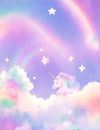 Pastel fantasy sky with bokeh and stars. Magic holographic galaxy, cute watercolor unicorns and rainbow elements