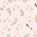 Pastel feathers and birds in a seamless pattern design Royalty Free Stock Photo