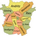 Pastel tagged districts map of GRAZ, AUSTRIA Royalty Free Stock Photo