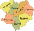 Pastel tagged map of raions of the KHARKIV OBLAST, UKRAINE