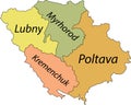 Pastel tagged map of raions of the POLTAVA OBLAST, UKRAINE